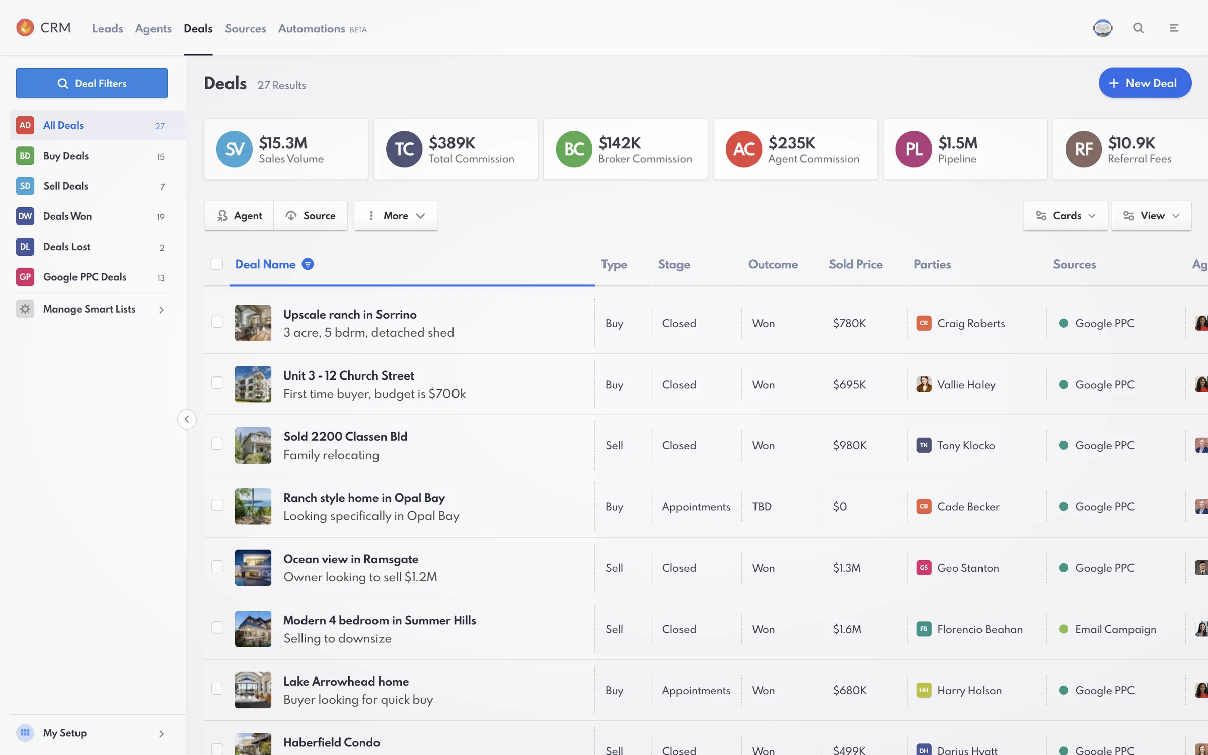 Deal page with list of deals and total cards in the REW CRM