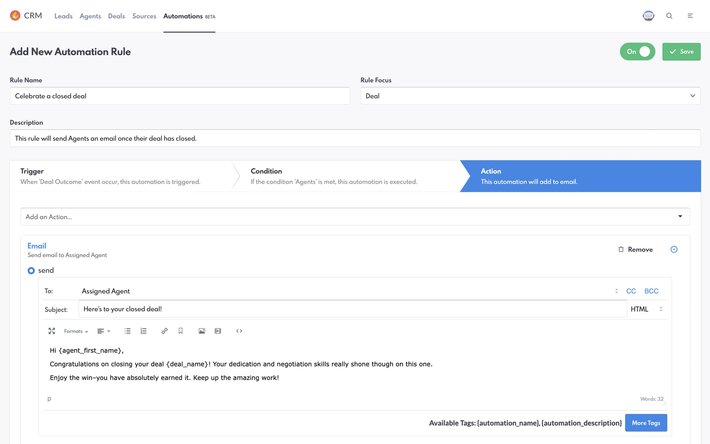 New Automation to congratulate Agents who has closed a deal in the REW CRM