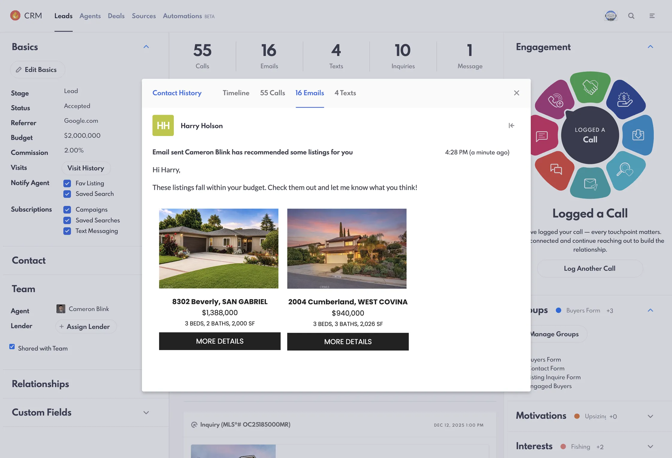 REW CRM Lead Details Page Recommended Listings