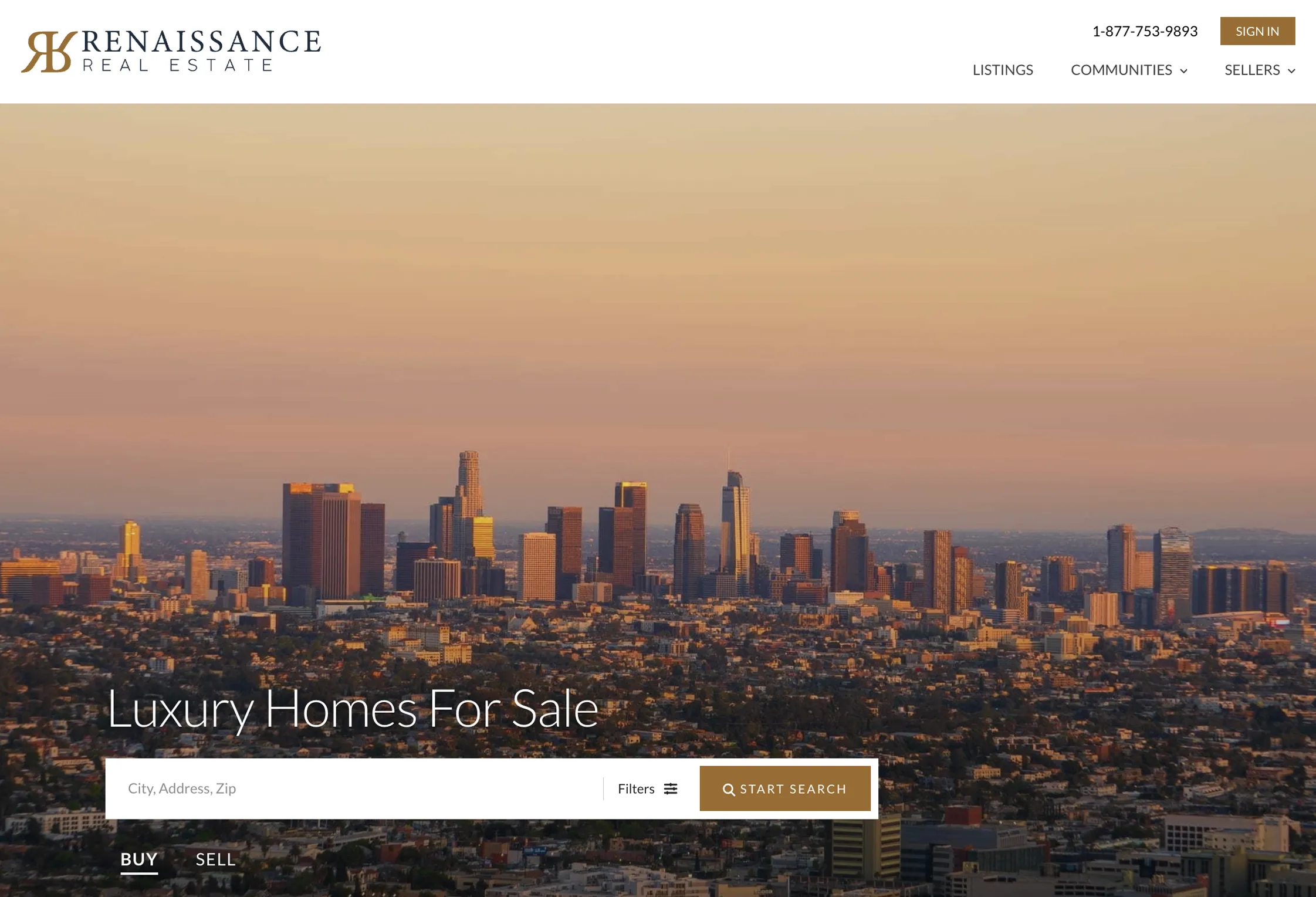 Renaissance Real Estate homepage built on REW, showing a luxury property search