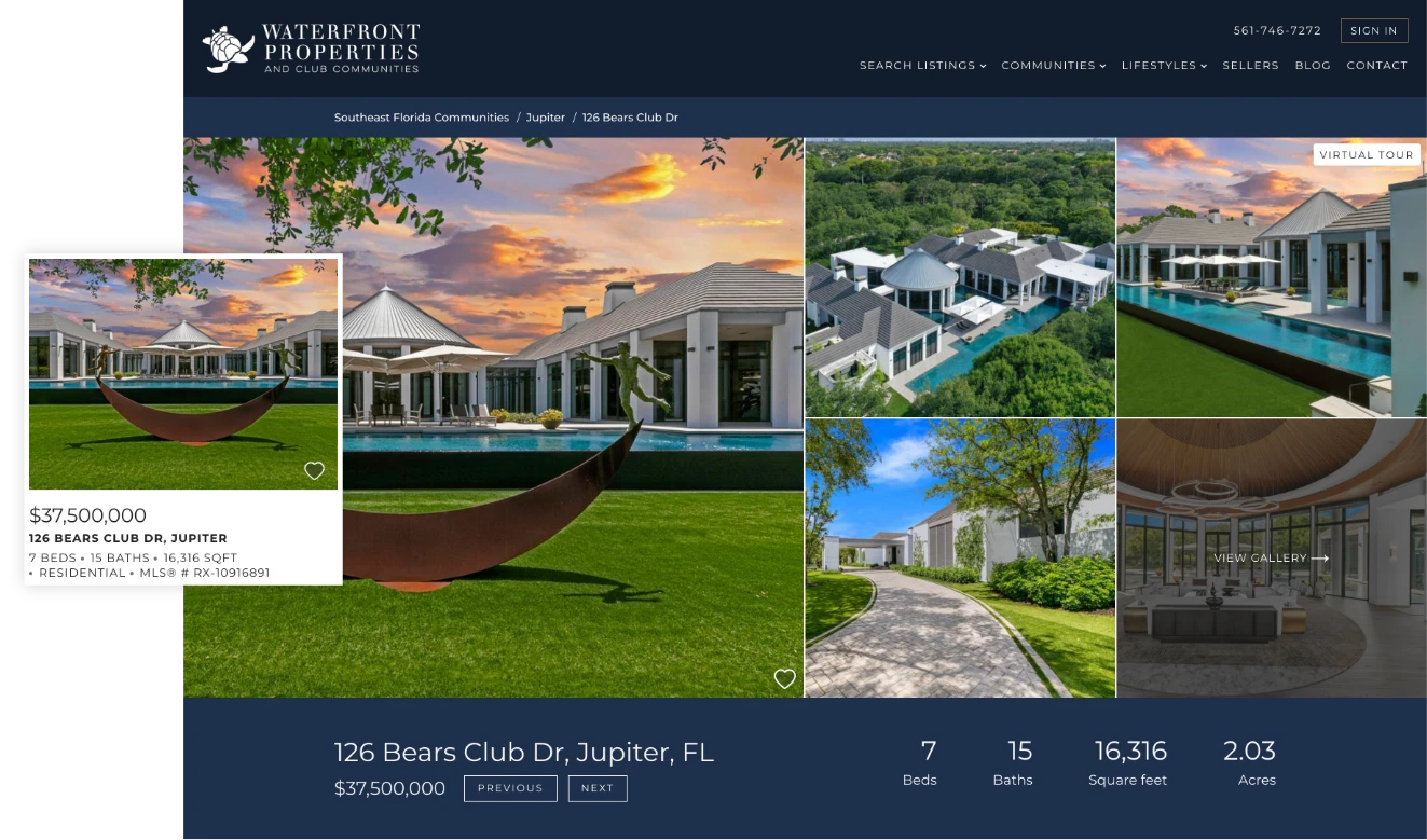 Waterfront Properties Listing Card and Page